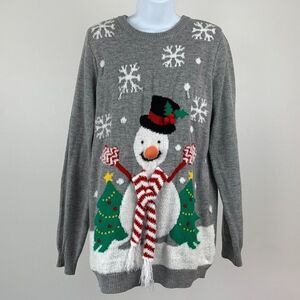 Merry Christmas Sweater sz L Xmas Ugly Party Snowman Puffy Nose Silly Snowflakes